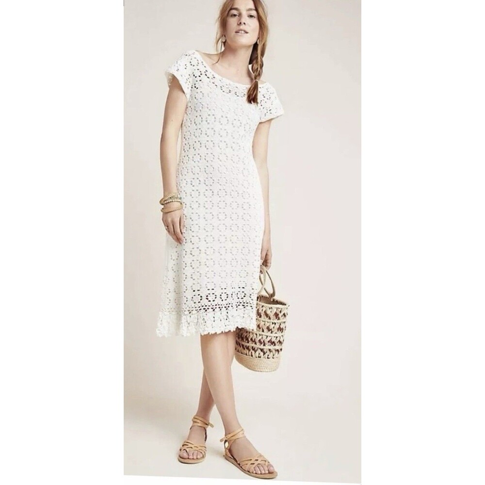 EUC $198 Anthropologie Britannia Crochet Midi White Dress Sz L summer dress